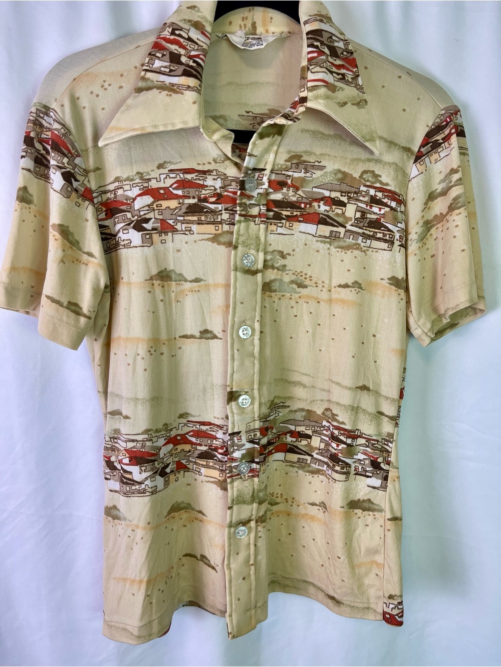 Vintage Cortini Short-Sleeve Men's Button-Up Knit Shirt with Scenic Print